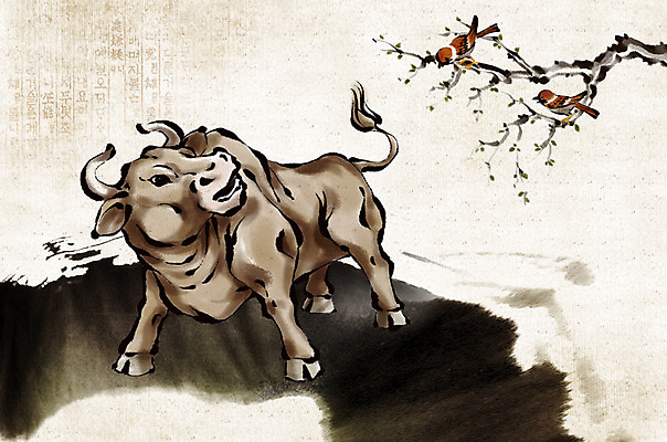 PSD 나무 식물 동물 전통 일러스트 조류 세마리 수묵화 사람없음 나뭇가지 십이지신 소띠 소 동양화 황소 과거 국내일러스트 컨셉 포유류 3 미술 파일형식