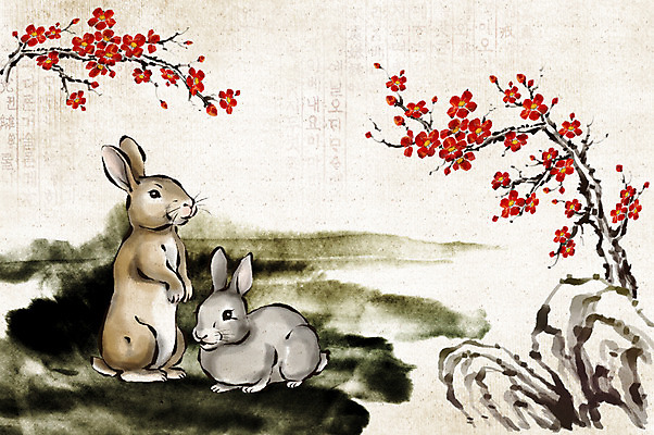 PSD 식물 동물 전통 꽃 두마리 일러스트 수묵화 사람없음 돌_바위 바위 십이지신 토끼띠 토끼 동양화 과거 국내일러스트 컨셉 2 포유류 미술 반려동물 파일형식