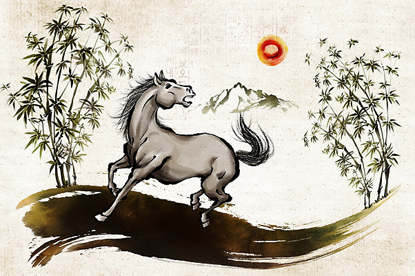 PSD 나무 식물 동물 한마리 전통 일러스트 산 수묵화 사람없음 태양 십이지신 말_동물 대나무 동양화 과거 말띠 국내일러스트 자연요소 1 컨셉 포유류 미술 파일형식