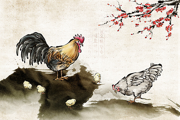 PSD 나무 동물 전통 여러마리 일러스트 병아리 수묵화 사람없음 나뭇가지 십이지신 닭띠 닭 동양화 과거 국내일러스트 식물 다수 컨셉 조류 미술 파일형식