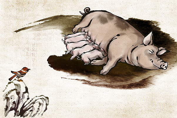 PSD 동물 전통 새끼 여러마리 일러스트 가족 조류 수묵화 사람없음 돌_바위 바위 십이지신 돼지띠 돼지 동양화 과거 국내일러스트 다수 컨셉 포유류 관계 미술 파일형식