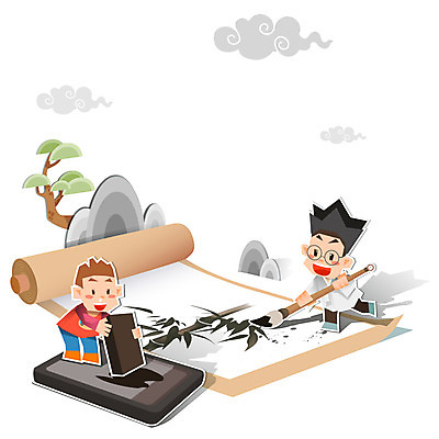 전신 나무 식물 구름 모자 교육 남자 종이 어린이 컨셉 일러스트 서예 산 서기 사람 소년 두명 피규어 붓 페이퍼아트 두루마리 먹 종이공예 벼루 남자만 어린이만 소년만 국내일러스트 AI파일 자연요소 한국전통 잡화 모션 미니어처 공예 파일형식 벡터