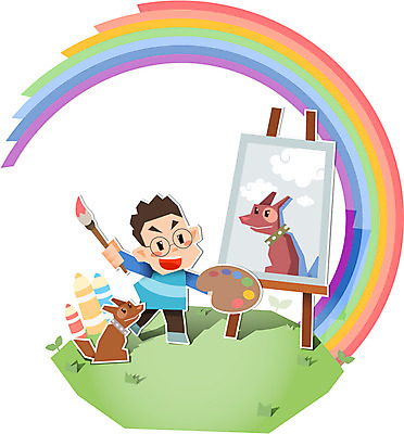 전신 식물 동물 교육 어린이 컨셉 무지개 일러스트 색연필 미술 한명 서기 사람 소년 잔디 미술도구 피규어 붓 팔레트 페이퍼아트 강아지 이젤 종이공예 남자만 남자한명만 어린이만 소년만 소년한명만 국내일러스트 AI파일 자연요소 1 남자 모션 문화예술 학용품 반려동물 미니어처 개 공예 오브젝트 파일형식 벡터