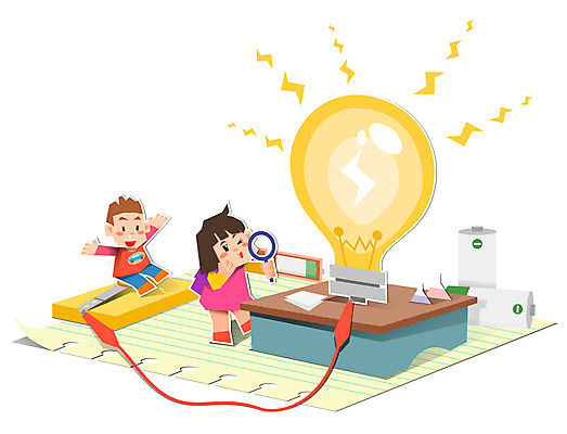 전신 여자 교육 남자 어린이 과학 컨셉 일러스트 전구 돋보기 전등 조명 실험기구 서기 사람 소녀 소년 두명 피규어 페이퍼아트 건전지 종이공예 동이 어린이만 국내일러스트 AI파일 모션 미니어처 공예 파일형식 벡터