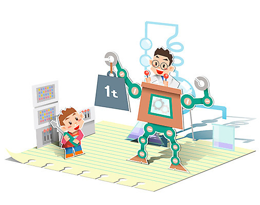 전신 교육 남자 종이 어린이 과학 컨셉 일러스트 실험 서기 사람 소년 두명 피규어 도구 드라이버 페이퍼아트 로봇 종이공예 비커 추 남자만 어린이만 소년만 국내일러스트 AI파일 모션 실험기구 미니어처 공구 공예 파일형식 벡터