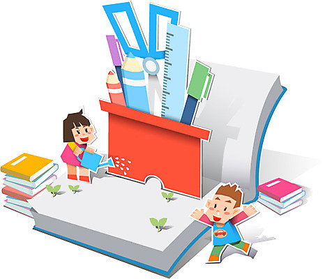 전신 식물 여자 교육 남자 화분 어린이 컨셉 일러스트 학용품 색연필 가위 자 서기 사람 소녀 소년 두명 책 필기구 펜 새싹 펼침 피규어 물뿌리개 페이퍼아트 종이공예 형광펜 어린이만 국내일러스트 AI파일 모션 문구용품 미니어처 공예 파일형식 벡터