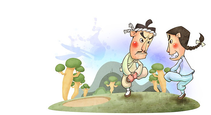 전신 PSD 나무 식물 캐릭터 전통 남자 전통문화 문화 일러스트 놀이 전통캐릭터 서기 사람 잔디 성인 두명 라이프 전통의상 한복 즐거움 닭싸움 남자만 성인남자만 성인만 일러캐릭터 한국전통 감정 모션 생활 싸움 파일형식