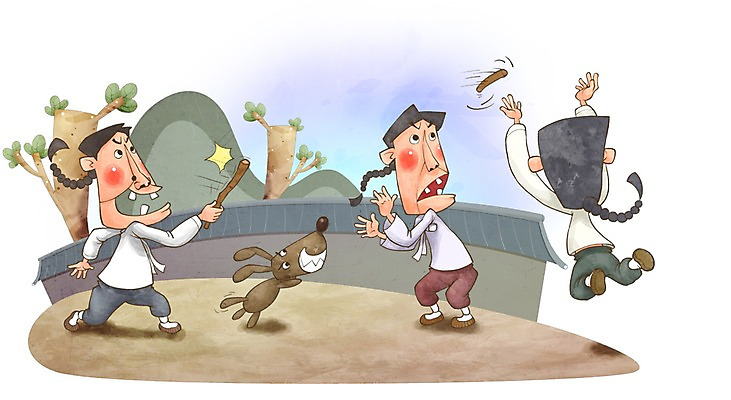 전신 PSD 나무 식물 동물 캐릭터 전통 남자 전통문화 문화 일러스트 놀이 전통캐릭터 산 서기 사람 성인 라이프 세명 담장 전통놀이 막대기 강아지 전통의상 한복 즐거움 자치기 남자만 성인남자만 성인만 일러캐릭터 한국전통 감정 모션 생활 반려동물 개 파일형식