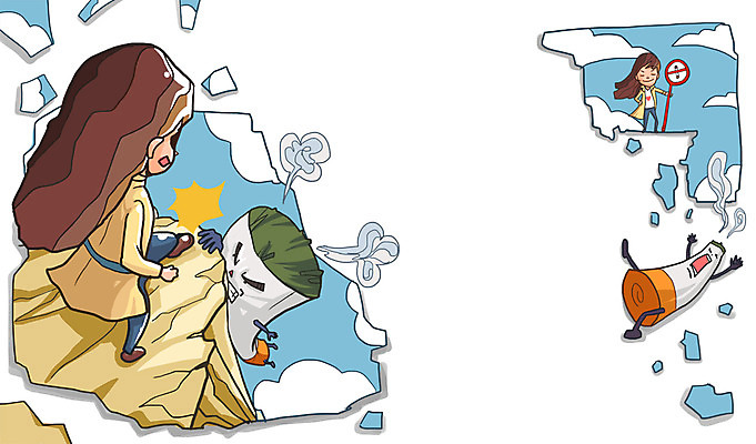 전신 PSD 여자 캠페인 일러스트 흡연 담배 건강 서기 사람 성인 두명 건강관리 절벽 금지 돌_바위 바위 표지판 금연 기호식품 여자만 성인여자만 성인만 국내일러스트 음식 모션 알림판 관리 사회이슈 파일형식