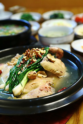 포토 JPG 그릇 접시 한식 음식 반찬 여름음식 육류 사람없음 아웃포커스 닭고기 닭 뚝배기 삼계탕 파 잣 백숙 제철음식 국내포토 식기 채소 식재료 조류 촬영기법 견과류 보양식 제철 파일형식 여름_계절 동물 몸보신 보신