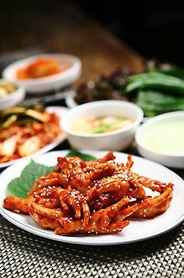 포토 JPG 그릇 접시 한식 음식 채소 고추 육류 사람없음 아웃포커스 닭고기 닭 깻잎 무침 물김치 닭발 국내포토 식기 식재료 조류 김치 촬영기법 파일형식