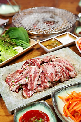 포토 JPG 그릇 접시 음식 채소 반찬 생고기 육류 사람없음 아웃포커스 양념 그릴 상추 쌈 깻잎 불판 무생채 무채 초고추장 국내포토 식기 식재료 주방용품 촬영기법 파일형식