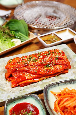 포토 JPG 그릇 접시 한식 음식 채소 반찬 육류 사람없음 아웃포커스 양념 그릴 상추 쌈 깻잎 불판 무생채 무채 초고추장 국내포토 식기 식재료 주방용품 촬영기법 파일형식