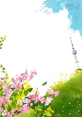 PSD 나무 식물 건축물 계절 꽃 백그라운드 일러스트 자연 풍경 사람없음 건물 탑 봄풍경 봄 풀 남산타워 봄배경 국내일러스트 건축 생태계 남산 파일형식