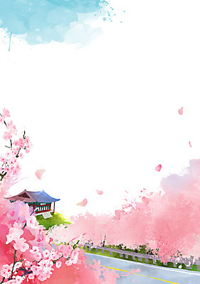 PSD 나무 식물 건축물 계절 꽃 도로 길 백그라운드 일러스트 자연 풍경 사람없음 건물 봄풍경 봄 벚꽃 풀 벚나무 정자 봄배경 국내일러스트 건축 교통시설 생태계 파일형식