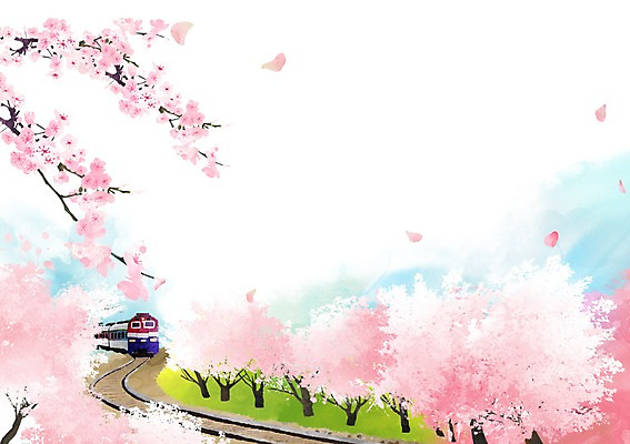 PSD 나무 식물 계절 꽃 교통수단 백그라운드 일러스트 자연 풍경 사람없음 봄풍경 봄 기찻길 기차 벚꽃 풀 벚나무 봄배경 국내일러스트 육상교통 교통 대중교통 생태계 파일형식