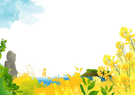 PSD 나무 식물 계절 꽃 바다 백그라운드 꽃밭 일러스트 자연 풍경 사람없음 제주도 봄풍경 봄 돌_바위 바위 풀 돌하르방 유채 봄배경 국내일러스트 한국 생태계 파일형식