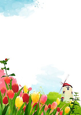 PSD 나무 식물 건축물 계절 꽃 백그라운드 일러스트 자연 풍경 사람없음 건물 봄풍경 봄 풍차 튤립 풀 봄배경 국내일러스트 건축 생태계 파일형식