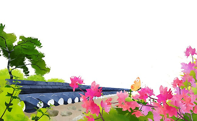 PSD 나무 식물 동물 계절 꽃 나비 곤충 백그라운드 일러스트 자연 지붕 풍경 사람없음 담장 봄풍경 봄 풀 진달래 봄배경 국내일러스트 생태계 파일형식