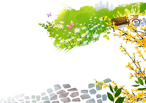 PSD 나무 식물 동물 계절 공원 꽃 길 나비 곤충 백그라운드 벤치 의자 일러스트 자연 풍경 사람없음 자전거 봄풍경 봄 풀 개나리 봄배경 국내일러스트 공공시설 가구 바이크 생태계 파일형식