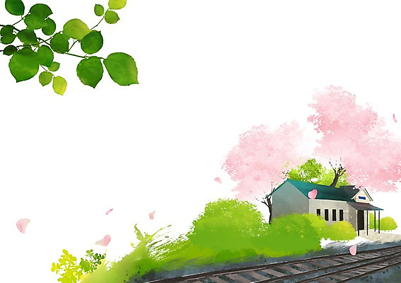 PSD 나무 식물 건축물 계절 꽃 백그라운드 일러스트 자연 풍경 사람없음 건물 봄풍경 봄 기찻길 풀 역사 역 기차역 철도의날 봄배경 국내일러스트 건축 교통시설 생태계 파일형식 법정기념일