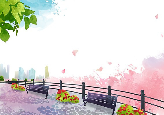 PSD 나무 식물 계절 공원 꽃 백그라운드 벤치 의자 일러스트 자연 풍경 사람없음 울타리 봄풍경 봄 풀 봄배경 국내일러스트 공공시설 가구 담장 생태계 파일형식