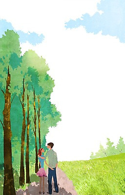 전신 PSD 나무 식물 커플 여자 남자 행복 길 커플라이프 데이트 일러스트 어깨동무 함께함 사랑 서기 사람 성인 두명 다정 풀 숲 성인만 국내일러스트 라이프스타일 감정 포즈 컨셉 관계 모션 파일형식