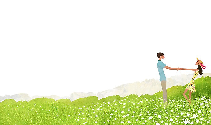 전신 PSD 식물 커플 여자 남자 꽃 행복 커플라이프 꽃밭 데이트 일러스트 함께함 사랑 서기 사람 성인 두명 마주보기 손잡기 다정 성인만 국내일러스트 라이프스타일 감정 컨셉 관계 모션 파일형식