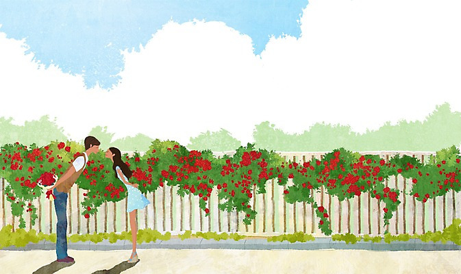 전신 PSD 식물 커플 여자 남자 꽃 행복 꽃다발 커플라이프 데이트 일러스트 키스 함께함 사랑 서기 들기 사람 성인 두명 울타리 장미 마주보기 다정 덩굴 스킨십 성인만 국내일러스트 라이프스타일 감정 컨셉 관계 모션 담장 애정표현 파일형식