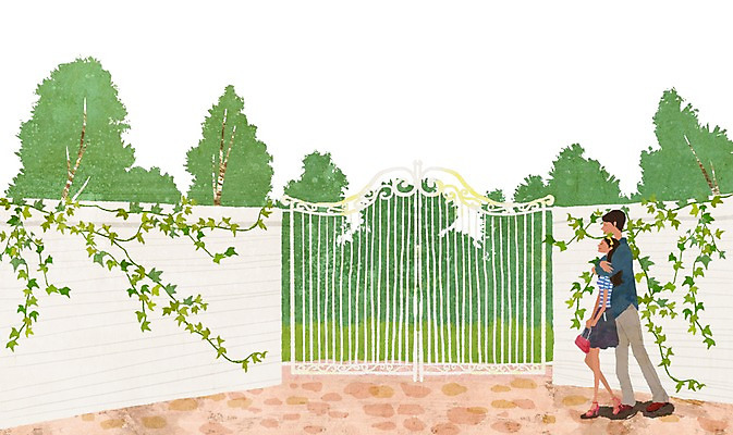 전신 PSD 나무 식물 커플 여자 남자 행복 커플라이프 데이트 일러스트 안기 함께함 사랑 서기 사람 성인 두명 담장 문 다정 덩굴 성인만 국내일러스트 라이프스타일 감정 컨셉 관계 모션 파일형식