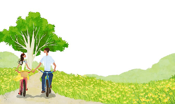 전신 PSD 나무 식물 커플 여자 남자 꽃 행복 길 교통수단 커플라이프 꽃밭 데이트 일러스트 함께함 사랑 사람 앉기 손짓 성인 두명 손잡기 자전거 다정 성인만 국내일러스트 라이프스타일 감정 교통 컨셉 관계 모션 바이크 파일형식