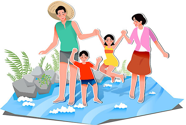 전신 식물 모자 라이프스타일 여자 남자 딸 행복 아들 어린이 컨셉 일러스트 가족 물놀이 엄마 함께함 서기 사람 소녀 소년 여러명 성인 라이프 물 손잡기 화목 피규어 돌_바위 바위 풀 아빠 페이퍼아트 종이공예 국내일러스트 AI파일 자연요소 잡화 감정 다수 관계 모션 놀이 생활 미니어처 공예 파일형식 벡터