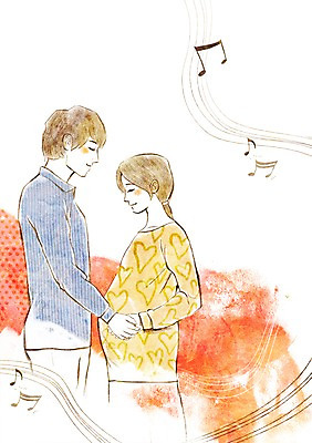 PSD 우먼라이프 라이프스타일 부부 커플 여자 남자 행복 음악 음표 일러스트 엄마 남편 서기 웃음 사람 상반신 성인 두명 라이프 마주보기 눈감음 손잡기 임산부 임신 아내 출산 아빠 보호 태교 설레임 성인만 국내일러스트 기호 감정 컨셉 가족 관계 모션 문화예술 표정 생활 파일형식