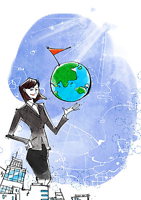 PSD 여자 지구 백그라운드 일러스트 비즈니스 한명 서기 사람 정장 빌딩 상반신 성인 건물 세계 글로벌 글로벌비즈니스 깃발 직장인 비즈니스우먼 여자만 여자한명만 성인여자만 성인만 국내일러스트 직업 1 건축물 옷 모션 파일형식