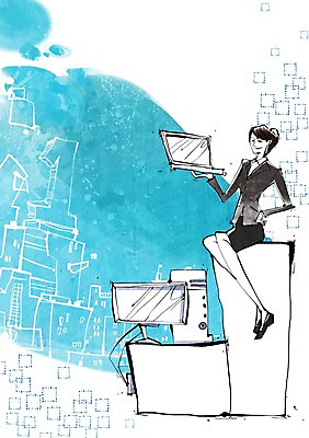 전신 PSD 건축물 여자 백그라운드 일러스트 비즈니스 한명 들기 사람 앉기 정장 성인 건물 노트북 컴퓨터 모니터 웹서핑 직장인 비즈니스우먼 책상 여자만 여자한명만 성인여자만 성인만 국내일러스트 직업 1 옷 건축 가구 모션 전자제품 파일형식