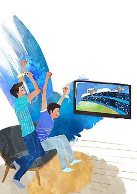 전신 PSD 남자 음료 의자 일러스트 응원 맥주 주류 한국 서기 웃음 들기 사람 앉기 성인 두명 소파 손들기 파이팅 텔레비전 기쁨 야구 자신감 캔 흥분 야구경기 열정 열광 남자만 성인남자만 성인만 국내일러스트 감정 아시아 가구 모션 표정 전자제품 구기 파일형식