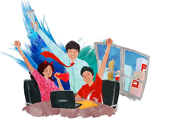 PSD 건축물 여자 남자 의자 일러스트 창문 응원 탁자 한국 웃음 들기 사람 앉기 상반신 성인 건물 세명 노트북 사무실 손들기 파이팅 확성기 기쁨 자신감 흥분 열정 열광 성인만 국내일러스트 건축 감정 아시아 가구 비즈니스 모션 표정 전자제품 파일형식