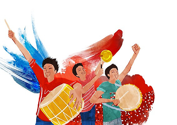 PSD 남자 악기 일러스트 응원 거리 한국 웃음 들기 사람 상반신 성인 세명 파이팅 기쁨 자신감 북 흥분 열정 열광 남자만 성인남자만 성인만 국내일러스트 감정 아시아 음악 모션 타악기 표정 파일형식