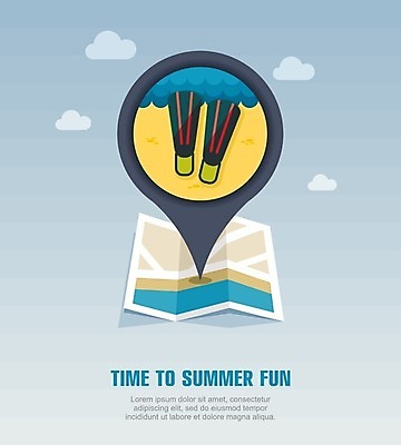 EPS 해외이미지 구름 디자인 바다 지도 일러스트 사람없음 여름 여름휴가 바캉스 오리발 수영용품 해외202004 해외일러스트 자연요소 계절 스포츠용품 휴가 수영 파일형식 벡터 여름_계절 이미지허브