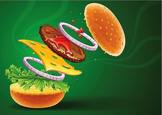 EPS 해외이미지 1 음식 백그라운드 잎 토마토 일러스트 양파 치즈 패스트푸드 샌드위치 육류 돼지고기 빨간색 초록색 노란색 식사 햄버거 흰색 원형 맛 상추 케첩 먹기 오브젝트 속도 싱글 칼로리 덩어리 고립 번 치즈버거 해외202004 해외일러스트 도형 식물 빵 컬러 컨셉 채소 식재료 모션 유제품 소스_음식 인스턴트 파일형식 벡터 이미지허브