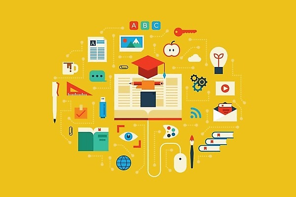 EPS 해외이미지 디자인 교육 일러스트 학사모 전구 졸업 학교 열쇠 미술 사람없음 책 컴퓨터 세트 노란색 지구본 팔레트 사과 USB 삼각자 동영상 해외202004 해외일러스트 모자 컬러 과일 문화예술 자 전자제품 파일형식 벡터 이미지허브