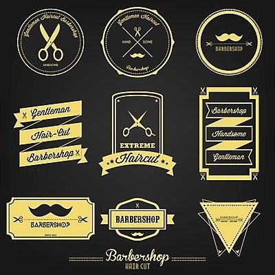 EPS 해외이미지 스티커 일러스트 사람없음 세트 노란색 라벨 검은색 빈티지 콧수염 이발소 해외202004 해외일러스트 컬러 컨셉 수염 프레임 뷰티샵 파일형식 벡터 이미지허브