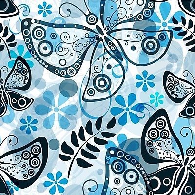 EPS 해외이미지 문양 나비 잎 꽃무늬 패턴 일러스트 사람없음 파란색 화려 겹침 반투명 해외일러스트 식물 꽃 컬러 곤충 컨셉 무늬 파일형식 벡터 이미지허브