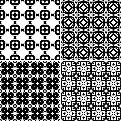 EPS 해외이미지 전통 디자인 꽃무늬 패턴 일러스트 벽지 추상 장식 세트 검은색 흰색 4 포르투갈 타일 묘사 정사각형 모자이크 스페인어 아라베스크 엘리먼트 튀니지 해외202004 해외일러스트 도형 꽃 유럽 컬러 무늬 아프리카 숫자 파일형식 벡터 이미지허브