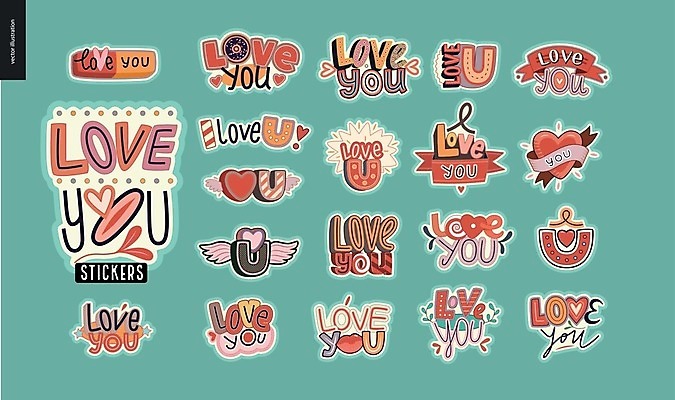 EPS 해외이미지 스티커 일러스트 사랑 타이포그라피 사람없음 세트 하트 민트색 해외202004 해외일러스트 모양 문자 감정 컬러 파일형식 벡터 이미지허브