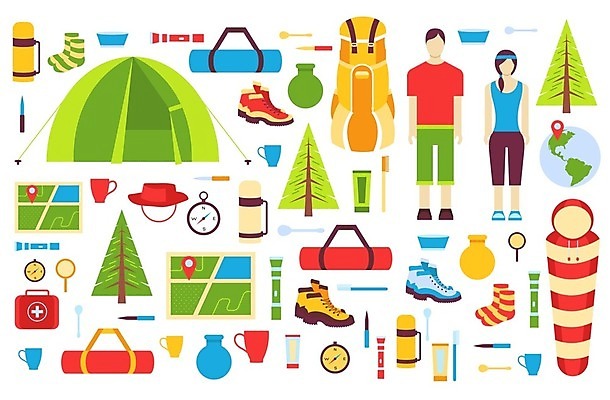 EPS 해외이미지 구름 지도 가방 일러스트 배낭 산 텐트 사람없음 여름 봄 손전등 칼 숲 나침반 도끼 해외202004 해외일러스트 자연요소 잡화 계절 조명 캠핑도구 파일형식 벡터 이미지허브