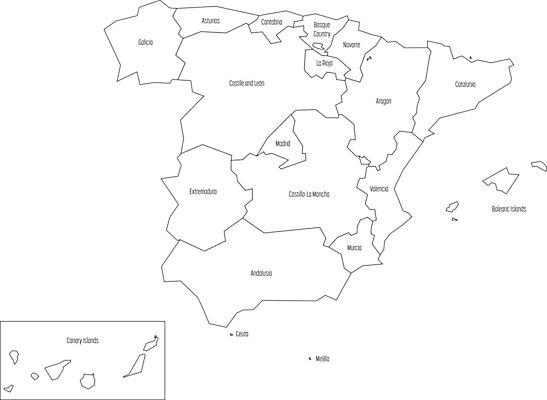 EPS 해외이미지 모양 디자인 실루엣 유럽 선 섬 여행 지도 일러스트 검은색 흰색 스페인 지중해 심볼 윤곽 지역 바르셀로나 마드리드 발렌시아 스페인어 안달루시아 전국 지리 타격 해외202004 해외일러스트 나라 바다 컬러 모션 촬영기법 파일형식 벡터 이미지허브