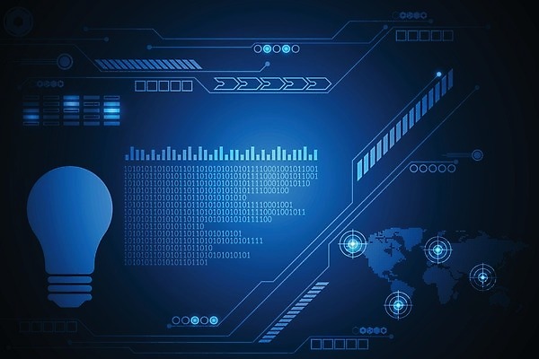 EPS 해외이미지 디자인 컨셉 일러스트 추상 미래 사람없음 그래픽 파란색 디지털 인터페이스 전구모양 해외202004 해외일러스트 모양 컬러 무늬 전구 파일형식 벡터 이미지허브