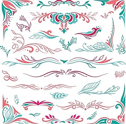 EPS 해외이미지 꽃 선 분홍색 잎 일러스트 사람없음 장식 세트 빈티지 청록색 해외일러스트 식물 컬러 컨셉 파일형식 벡터 이미지허브