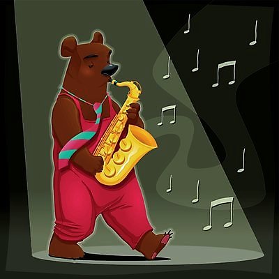 EPS 해외이미지 동물 캐릭터 음악 일러스트 곰 포유류 열쇠 요정 이야기 쪽지 악단 색소폰 오케스트라 교향곡 마스코트 우화 해외202004 해외일러스트 일러캐릭터 문화예술 목관악기 파일형식 벡터 이미지허브